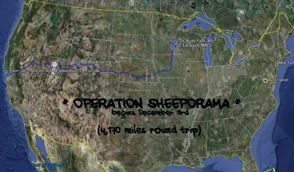 Map of Operation Sheep-O-Rama - Sebastopol, CA to River Falls, WI